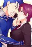  1boy 1girl bazett_fraga_mcremitz blue_hair fate/hollow_ataraxia fate_(series) hand_on_another&#039;s_face hand_on_own_face hetero lancer mspn purple_hair red_eyes violet_eyes 