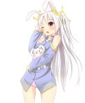  1girl animal_ears carrying detached_sleeves drooling hair_ornament long_hair one_eye_closed open_mouth original pajamas panties rabbit rabbit_ears red_eyes rubbing_eyes seraphwia simple_background solo two_side_up underwear white_background white_hair 