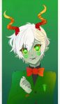  1girl bow calliope costume fangs formal green_eyes grey_skin homestuck horns jin-nyeh short_hair smile solo spiral suit white_hair yellow_sclera 
