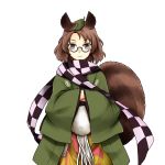  1girl :3 animal_ears brown_eyes brown_hair clearfile futatsuiwa_mamizou glasses hands_in_sleeves haori japanese_clothes leaf leaf_on_head pince-nez raccoon_ears raccoon_tail scarf tail touhou 