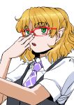  1girl :o absurdres adjusting_glasses alternate_costume bespectacled blonde_hair glasses goton_goton green_eyes highres mizuhashi_parsee necktie pointy_ears red-framed_glasses shirt short_hair simple_background solo touhou vest white_background white_shirt 