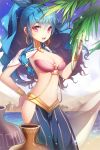  1girl blue_hair bow bracelet breasts cleavage dancer desert earrings hair_ribbon jewelry jug linus_falco long_hair midriff navel necklace open_mouth palm_tree ponytail pyramid red_eyes ribbon smile solo sword_girls tree veil very_long_hair water wavy_hair 