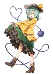 1girl blush eyeball floral_print green_hair hat hat_ribbon heart heart_of_string komeiji_koishi looking_at_viewer open_mouth ribbon short_hair skirt skirt_lift smile solo third_eye touhou yellow_eyes yuuzii