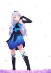  1girl arm_up boots dress elbow_gloves full_body gloves hair_ribbon highres idolmaster knee_boots long_hair open_mouth petals ribbon shijou_takane silver_hair solo violet_eyes white_background yahiro_(epicopeiidae) 