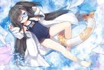  1girl :3 black_hair blue_eyes chestnut_mouth clouds flat_chest glasses hair_ornament hairclip highres innertube labcoat long_hair looking_at_viewer lying on_back open_mouth original petals reflection saru school_swimsuit sky solo swimsuit swimsuit_under_clothes tagme very_long_hair water 