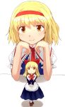  1girl alice_margatroid apron blonde_hair bow capelet dress gerijita hair_bow hairband head_rest highres long_hair looking_at_viewer ribbon shadow shanghai_doll short_hair simple_background smile solo touhou v_arms waist_apron white_background yellow_eyes 