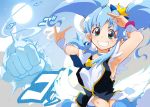  1girl ashita_wa_hitsuji blue_background blue_eyes blue_hair blue_skirt blush crown cure_princess earrings eyelashes grin hair_ornament hair_ribbon happinesscharge_precure! happy highres jewelry long_hair looking_at_viewer magical_girl midriff navel open_mouth precure ribbon shirayuki_hime shirt skirt smile solo sun twintails vest wrist_cuffs 