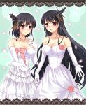  2girls black_hair breasts cleavage dress elbow_gloves flower fusou_(kantai_collection) gloves hair_ornament highres jewelry kantai_collection long_hair multiple_girls open_mouth red_eyes ring short_hair smile wedding_dress wedding_ring yamashiro_(kantai_collection) 