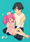  1boy 1girl barefoot black_eyes black_hair blue_background blush character_request copyright_request hat headband indian_style looking_down musical_note nurse nurse_cap open_mouth pink_eyes pink_hair short_twintails simple_background sitting sitting_on_lap sitting_on_person smile t_k_g tagme twintails 