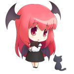  1girl :d armband bat_wings black_dress blush book book_hug cat chibi dress dress_shirt head_wings holding holding_book koakuma long_hair long_sleeves low_wings musashino_udon open_mouth red_eyes redhead shirt shoes simple_background smile touhou very_long_hair white_background white_shirt wings 