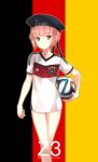  1girl 2014_fifa_world_cup alternate_costume ball beret blush eight_tohyama german_flag hat highres kantai_collection looking_at_viewer red_eyes redhead sailor_hat short_hair soccer_ball solo world_cup z3_max_schultz_(kantai_collection) 