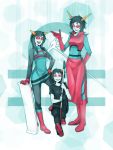  3girls black_hair boots cane dual_persona fangs glasses gloves grey_skin highres homestuck horns latula_pyrope libra lipstick makeup multiple_girls neophyte_redglare open_mouth red_glasses red_sclera sharp_teeth short_hair sitting skateboard skirt smile terezi_pyrope ti9931 turtleneck weapon 