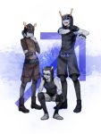  3boys black_hair dual_persona equius_zahhak expatriate_darkleer fangs fingerless_gloves gloves grey_skin helmet highres homestuck horns horuss_zahhak multiple_boys open_mouth ponytail sagittarius sharp_teeth short_hair sitting striped striped_legwear sunglasses tank_top ti9931 