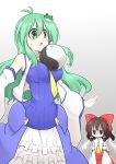  2girls ahoge alternate_costume ascot bow breast_envy breasts brown_eyes brown_hair detached_sleeves frog_hair_ornament futa4192 green_eyes green_hair hair_bow hair_ornament hair_tubes hakurei_reimu highres kochiya_sanae long_hair multiple_girls open_mouth orb red_eyes snake_hair_ornament sweat tagme touhou yin_yang 