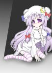  1girl alternate_costume blush bow futa4192 hair_bow highres long_hair looking_at_viewer mob_cap patchouli_knowledge purple_hair sitting solo striped striped_legwear sweat touhou violet_eyes wavy_mouth 