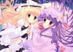  2girls apron black_dress blonde_hair bow brown_eyes capelet coat crescent dress hair_bow hair_ribbon hands_clasped hands_together happy hat hat_bow kirisame_marisa long_hair long_sleeves looking_at_another mob_cap multiple_girls open_clothes open_coat open_mouth patchouli_knowledge puffy_long_sleeves puffy_sleeves purple_dress purple_hair ribbon sash shirt skirt skirt_set smile star striped striped_dress tearing_up touhou tress_ribbon very_long_hair vest violet_eyes waist_apron witch witch_hat 