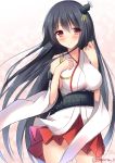  1girl bare_shoulders black_hair blush breasts detached_sleeves fusou_(kantai_collection) hair_ornament highres japanese_clothes kantai_collection long_hair pleated_skirt red_eyes skirt smile solo tomoo_(tomo) twitter_username 