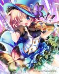  1girl ;d amamine blue_eyes blurry brown_hair butterfly depth_of_field fangs hat holding instrument long_hair looking_at_viewer official_art one_eye_closed open_mouth original smile solo violin 