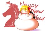  1girl =_= bikuseno blonde_hair chess_piece chibi drooling fang food hair_ribbon happy_new_year highres horse minigirl mochi new_year open_mouth red_eyes ribbon rumia short_hair simple_background skirt solo touhou wagashi white_background 