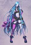  1girl absurdres artist_request bare_shoulders blue_hair boots braid fingerless_gloves flat_chest gloves hair_down highres jewelry jinx_(league_of_legends) league_of_legends long_hair necklace pink_eyes thigh-highs very_long_hair weapon 
