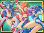  3girls :d ahoge aquarius_(moonlight_lady) arm_up armor artemis_(moonlight_lady) blue_eyes blue_hair blue_panties boots bow clenched_hand gloves green_background green_eyes hair_bow knee_boots long_hair mecha_musume midriff minerva_(moonlight_lady) miniskirt moonlight_lady_(pc_engine) multiple_girls mynote navel open_mouth panties pantyshot pink_hair pink_panties purple_hair short_hair skirt smile underwear violet_eyes white_panties 