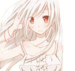  1girl collarbone dress hand_on_ear hiro_(hirohiro31) looking_at_viewer original red_eyes sketch smile solo white_dress white_hair wind 