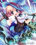  1girl :d amamine black_gloves blue_eyes frilled_skirt frills gloves hat holding instrument light_brown_hair long_hair looking_at_viewer official_art open_mouth original skirt smile solo violin 