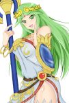  1girl arm_guards bare_shoulders belt bracelet circlet fairdn green_eyes green_hair highres jewelry kid_icarus_uprising long_hair looking_at_viewer open_mouth palutena side_slit smile solo staff white_background 