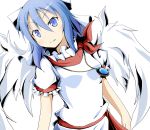 1girl angel_wings blue_eyes blue_hair dress hair_bobbles hair_ornament jewelry mai_(touhou) necklace pendant puffy_short_sleeves puffy_sleeves sash scarf short_sleeves smile solo touhou touhou_(pc-98) white_dress white_wings wings zarkava_lita 