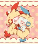  2girls animal_costume chibi child closed_eyes fetal_position fujiwara_no_mokou highres holding_hands kamishirasawa_keine long_hair long_sleeves lying minun multiple_girls on_side plusle pokemon shuzi silver_hair sleeping striped striped_background thumb_sucking touhou young 