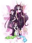  3girls black_hair braid breasts choker crown dual_persona fangs feferi_peixes gills glasses goggles grey_skin her_imperial_condescension highres homestuck horns jewelry jumpsuit long_hair meenah_peixes multiple_girls nail_polish necklace open_mouth piercing pisces sharp_teeth sitting skirt smile ti9931 twin_braids very_long_hair weapon yellow_sclera 