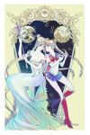  2girls bare_shoulders bishoujo_senshi_sailor_moon blonde_hair blue_eyes boots breasts cleavage double_bun dress dual_persona hair_ornament highres knee_boots long_dress long_hair magical_girl moon multiple_girls princess_serenity sailor_moon sei_(hochi-chudesu) strapless_dress tiara tsukino_usagi twintails wand 