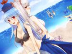  /\/\/\ 4girls alternate_hairstyle back back-to-back beach bikini bikini_skirt black_bikini blue_bikini blue_hair blue_sky blue_swimsuit blush breasts cirno cleavage clouds collarbone daiyousei fujiwara_no_mokou green_hair hair_bobbles hair_ornament hair_ribbon hat headstand ice ice_wings innertube kamishirasawa_keine large_breasts long_hair mif multiple_girls navel ocean open_mouth pointing red_eyes ribbon shark_fin side_ponytail silver_hair sky smile surprised sweatdrop swim_trunks swimsuit touhou tress_ribbon very_long_hair white_bikini white_swimsuit wings 