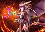  1girl armor ass bare_shoulders blue_gloves bodysuit boots dragon_girl dragon_horns dragon_tail dragon_wings elbow_gloves fingerless_gloves fingernails fire gloves halterneck head_fins heterochromia holding horns hotpepperman long_hair looking_back open_mouth purple_hair puzzle_&amp;_dragons scales solo sonia_(p&amp;d) spikes staff tail thigh-highs thigh_boots violet_eyes wings yellow_eyes 