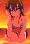  1girl :o adjusting_hair arm_support bikini black_hair blue_eyes blush frilled_bikini frills kamiyoshi kneeling long_hair looking_at_viewer original partially_submerged solo swimsuit wet 