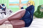  1girl ass bed black_legwear blonde_hair blue_eyes character_request copyright_request curtains female hayami_jin highres legs legwear_under_shorts looking_back open_mouth pantyhose shoes short_hair shorts thighs traditional_media window 