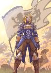  1girl absurdres agrias_oaks armor blonde_hair blue_eyes boots breastplate chocobo final_fantasy final_fantasy_tactics flag frown gauntlets highres knee_boots ocean_(moguyobi) shoulder_pads sky solo sword weapon 