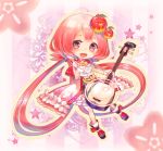  1girl cherry chibi comin food food_themed_clothes fruit hair_ornament instrument mahou_shoujo_taisen musical_note open_mouth pink_eyes pink_hair shamisen shiratori_neo smile 