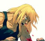  1boy blonde_hair blood character_request clenched_hand clenched_hands constricted_pupils copyright_request earrings jewelry long_hair male muscle nosebleed open_mouth simple_background solo t_k_g tagme tank_top white_background 