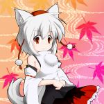  1girl animal_ears bare_shoulders blush breasts detached_sleeves hat highres inubashiri_momiji leaf looking_at_viewer maple_leaf no_bra pom_pom_(clothes) red_eyes riku_(yzr500r2001) short_hair silver_hair smile solo tail tokin_hat touhou wolf_ears wolf_tail 
