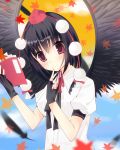  1girl bird_wings black_gloves black_wings blush breasts brown_hair bust clouds cloudy_sky feathers gloves hand_on_own_chin hand_on_own_face hat hat_ribbon leaf looking_at_viewer maple_leaf notepad open_mouth puffy_sleeves red_eyes ribbon shameimaru_aya shirt short_sleeves sky solo tokin_hat touhou wings 