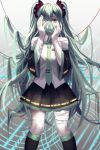  1girl bandage_over_one_eye bandages detached_sleeves green_hair hatsune_miku highres kneehighs lama-pacos long_hair nail_polish necktie oxygen_mask skirt solo twintails very_long_hair vocaloid yellow_eyes 