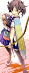  1girl archery arrow bow_(weapon) brown_eyes brown_hair highres ishikkoro japanese_clothes kaga_(aircraft_carrier) kaga_(kantai_collection) kantai_collection kyuudou muneate short_hair side_ponytail single_glove skirt solo standing_on_water thigh-highs weapon yugake 