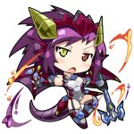  &gt;:o 1girl :o armor bare_shoulders black_gloves blush bodysuit boots chibi dragon_girl dragon_horns dragon_tail dragon_wings elbow_gloves fingerless_gloves garter_straps gloves head_fins heterochromia holding horns long_hair lowres nyagakiya open_mouth purple_hair puzzle_&amp;_dragons simple_background solo sonia_(p&amp;d) spikes staff tail thigh-highs thigh_boots violet_eyes white_background wings yellow_eyes 
