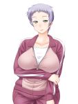  1girl breasts green_eyes large_breasts light_smile purple_hair r44 short_hair simple_background solo track_suit white_background wide_hips zipper 
