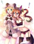  2girls animal_ears bell blonde_hair blue_eyes blush bra breasts brown_hair cleavage cross drooling fang fur-lined_gloves fur-lined_jacket garter_straps green_eyes hairband highres hood horns jewelry large_breasts long_hair multiple_girls navel necklace original panties payot ponytail short_hair suikakitsu_shiro tail underwear yuri 