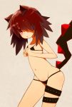  1girl :&lt; animal_ears bikini black_bikini brown_hair hair_over_one_eye highres leaning_forward looking_at_viewer navel open_mouth original red_eyes ruiten simple_background small_breasts solo string_bikini swimsuit tail thigh_strap 