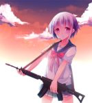  1girl assault_rifle blue_skirt blush bow clouds cresc-dol dusk fn_fnc fnc_(upotte!!) gun holding holding_gun holding_weapon looking_at_viewer outdoors personification pink_eyes pleated_skirt purple_hair red_bow rifle school_uniform serafuku short_hair short_sleeves skirt sky smile solo strap upotte!! weapon 
