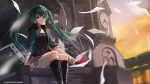  1girl artist_name blurry boots building depth_of_field green_eyes green_hair hatsune_miku headphones headphones_around_neck jacket locomotive long_hair looking_at_viewer paper sitting sketch solo swd3e2 vocaloid wind 