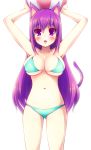  1girl animal_ears armpits ball beachball borrowed_character breasts cat_ears cleavage highres large_breasts long_hair looking_at_viewer morita navel original purple_hair simple_background solo swimsuit violet_eyes white_background 